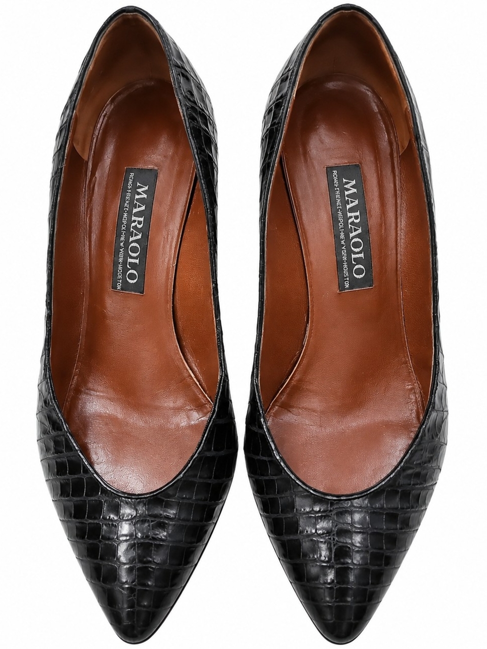 Maraolo Black Croc-Embossed Leather Pointed-Toe Pumps